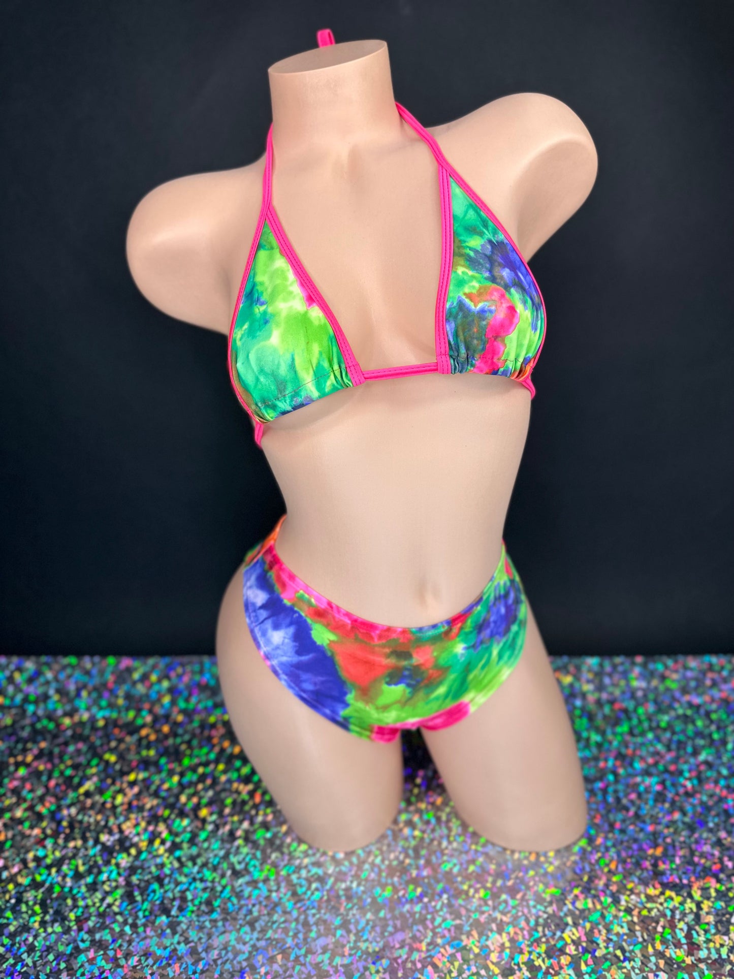 Vivian tie-dye high rise thong bottoms flat lay — Golddiggers Boutique exotic dancewear