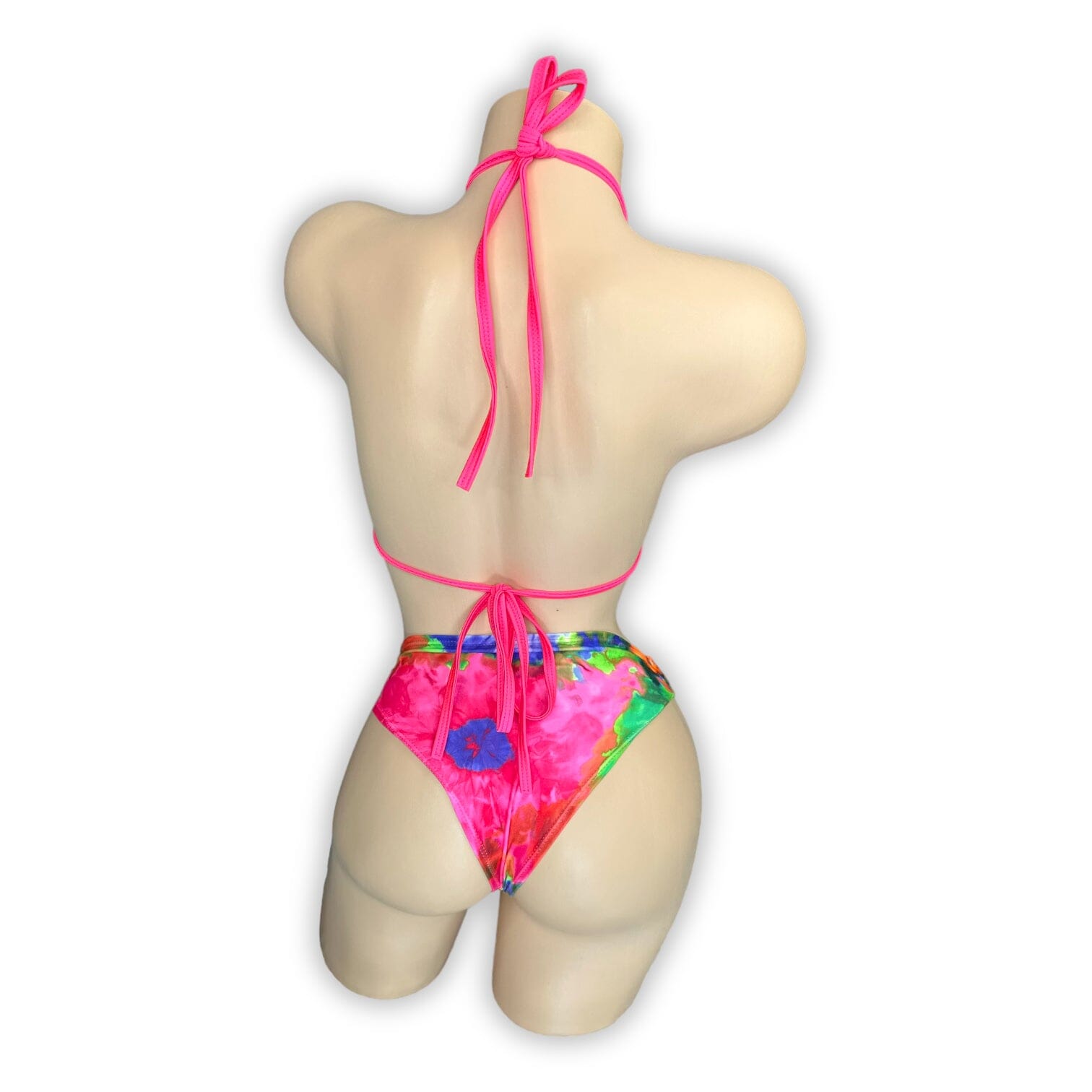 Vivian tie-dye bikini set side view showing high rise fit — Golddiggers Boutique exotic dancewear
