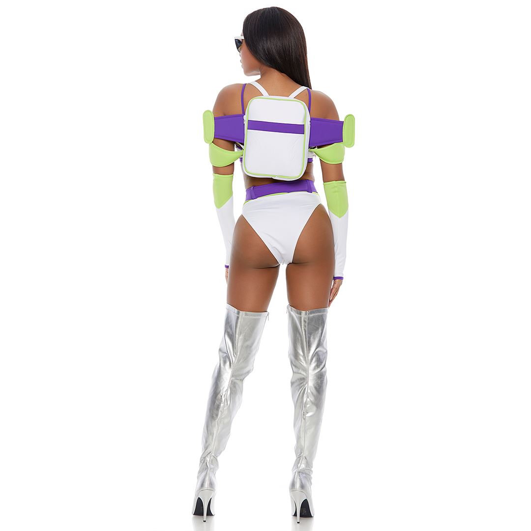 Infinity Babe costume complete 6-piece set with backpack and accessories, flat lay — Golddiggers Boutique exotic dancewear