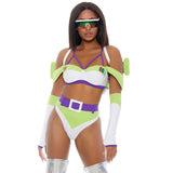 Infinity Babe purple and green space explorer costume set, front view — Golddiggers Boutique exotic dancewear