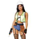 Construction Worker yellow vest costume set with denim bottoms and accessories, front view — Golddiggers Boutique exotic dancewear