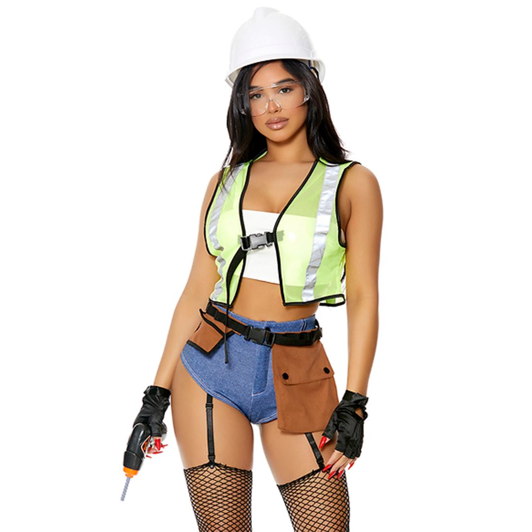 Construction Worker yellow vest costume set with denim bottoms and accessories, front view — Golddiggers Boutique exotic dancewear