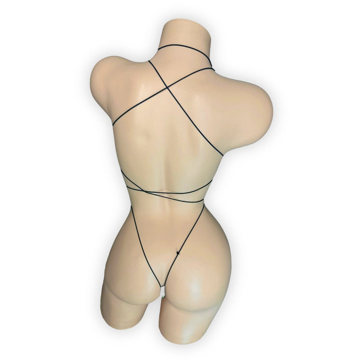Veronica black cabaret net bodysuit, back view showing open back with crossed straps and g-string - Golddiggers Boutique