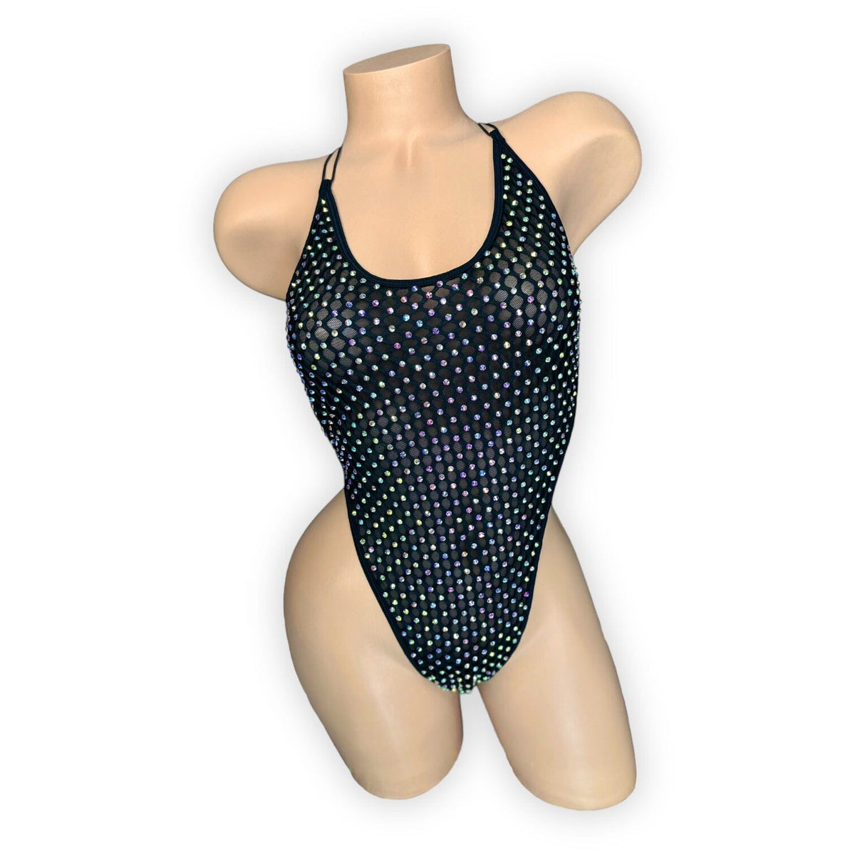 Veronica black rhinestone cabaret net bodysuit with scoop neck, front view on white - Golddiggers Boutique