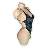 Veronica black cabaret net bodysuit, side view showing strappy open back - Golddiggers Boutique