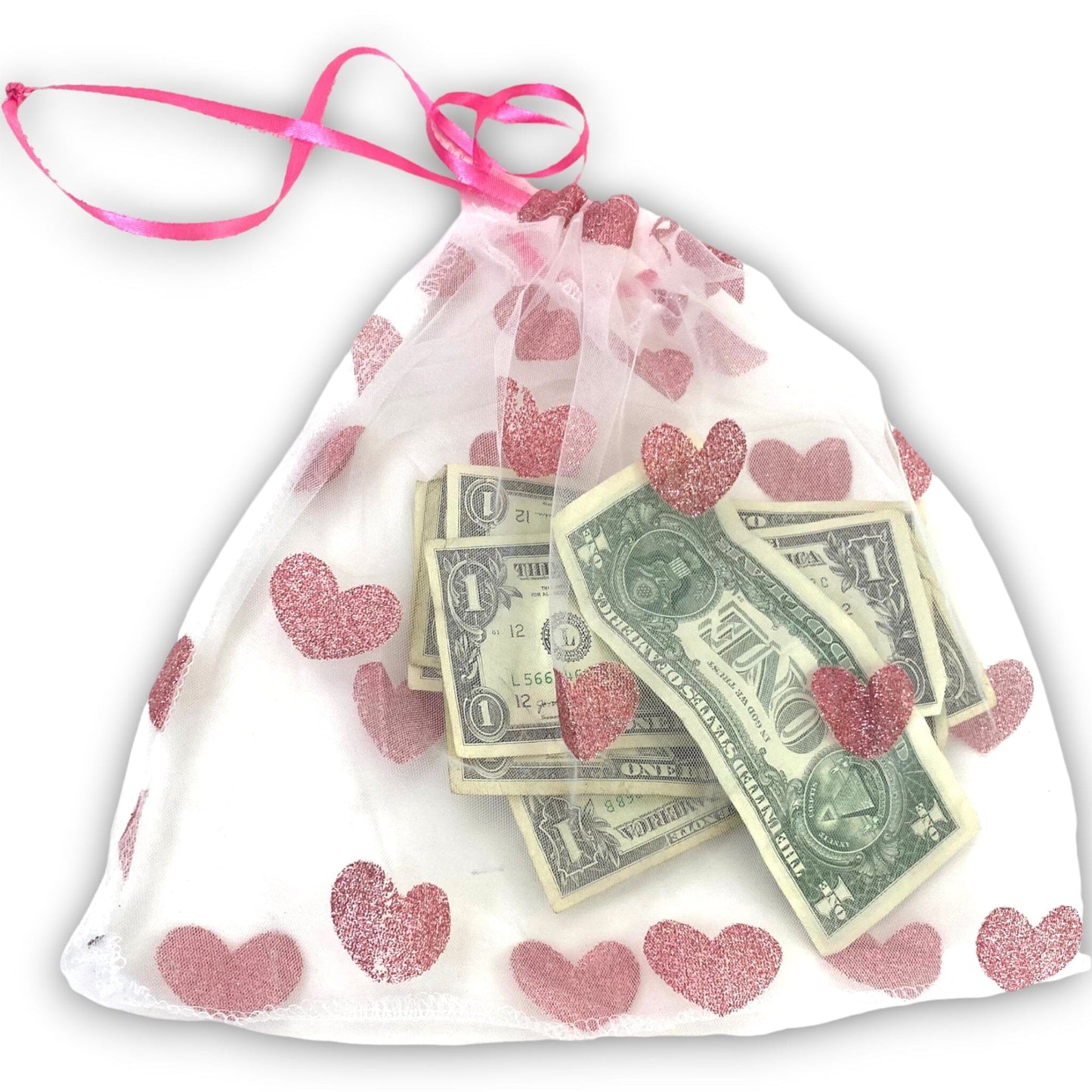 White Mesh & Pink Glitter Heart Medium Sized Money Bag