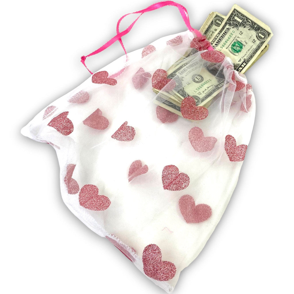 White Mesh & Pink Glitter Heart Medium Sized Money Bag