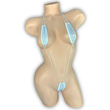 White sparkle teeny tiny slingshot bodysuit minimal coverage, front view — Golddiggers Boutique exotic dancewear