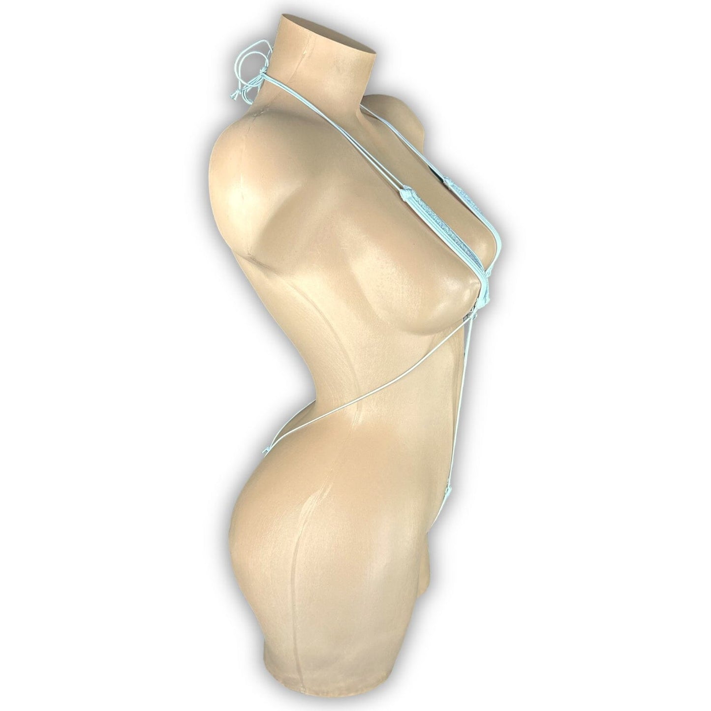 White sparkle slingshot bodysuit elastic straps detail, back view — Golddiggers Boutique exotic dancewear