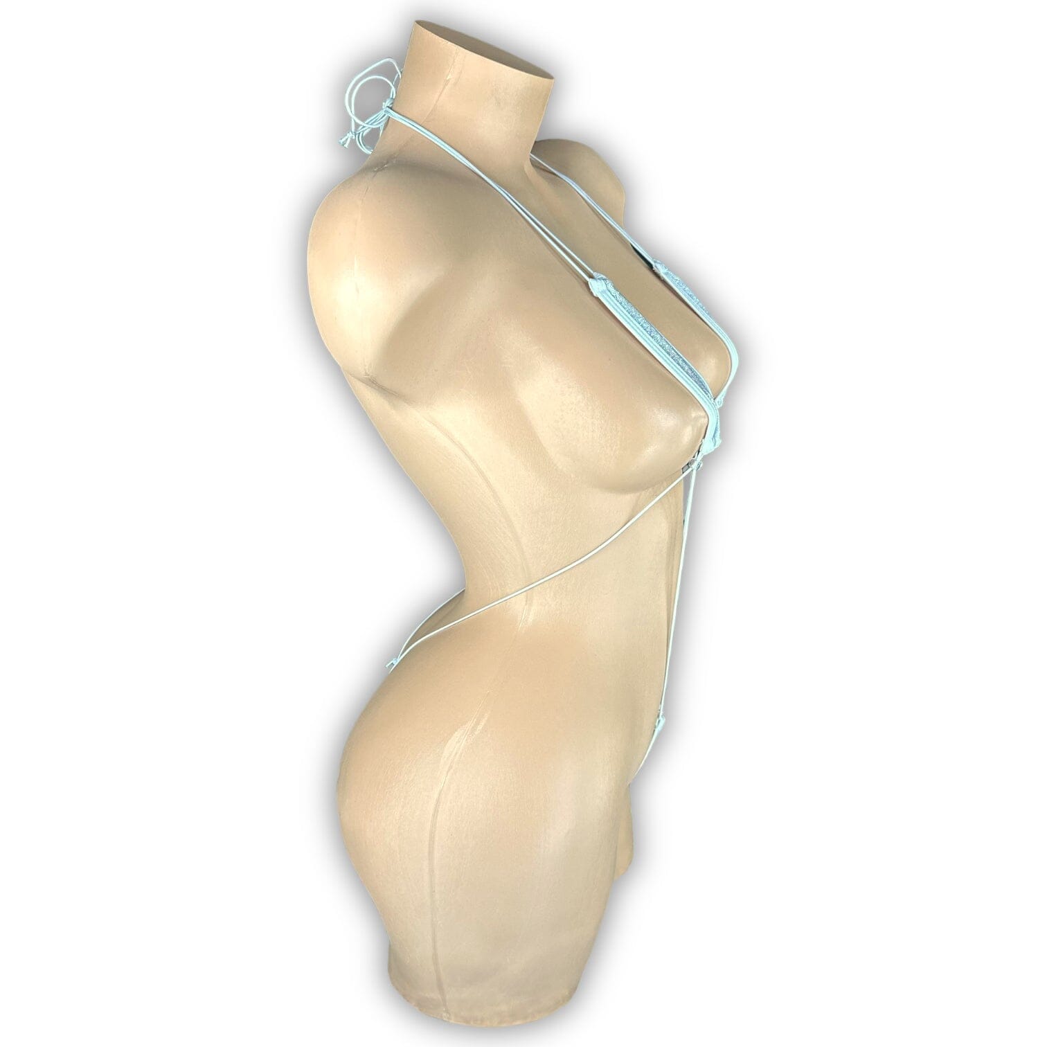 White sparkle slingshot bodysuit elastic straps detail, back view — Golddiggers Boutique exotic dancewear