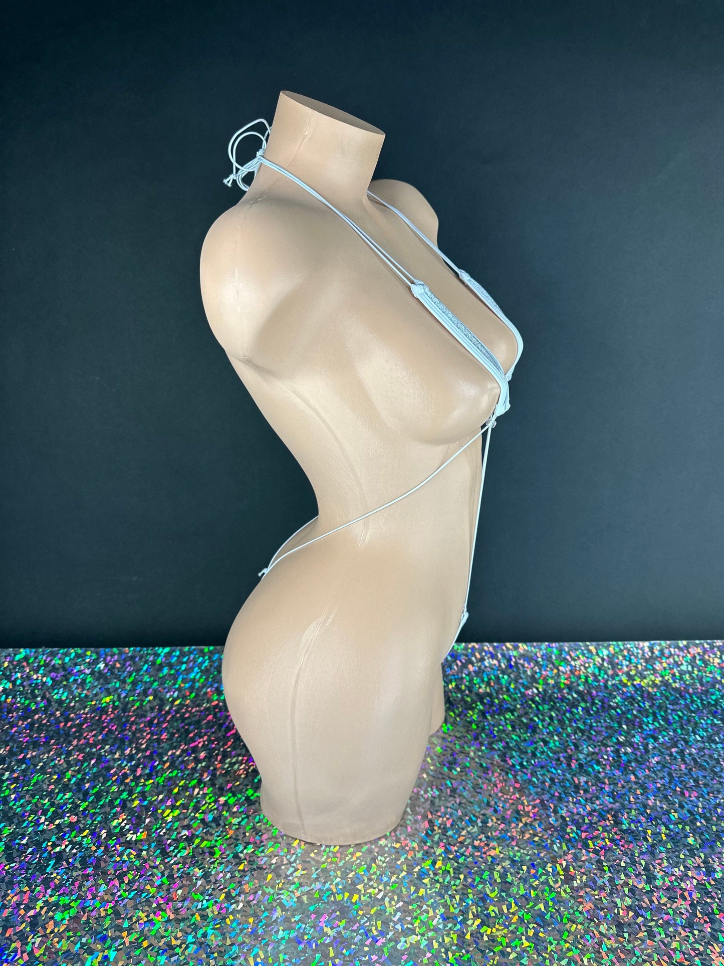 White sparkle teeny tiny slingshot bodysuit full outfit, front view — Golddiggers Boutique exotic dancewear