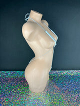 White sparkle teeny tiny slingshot bodysuit full outfit, front view — Golddiggers Boutique exotic dancewear